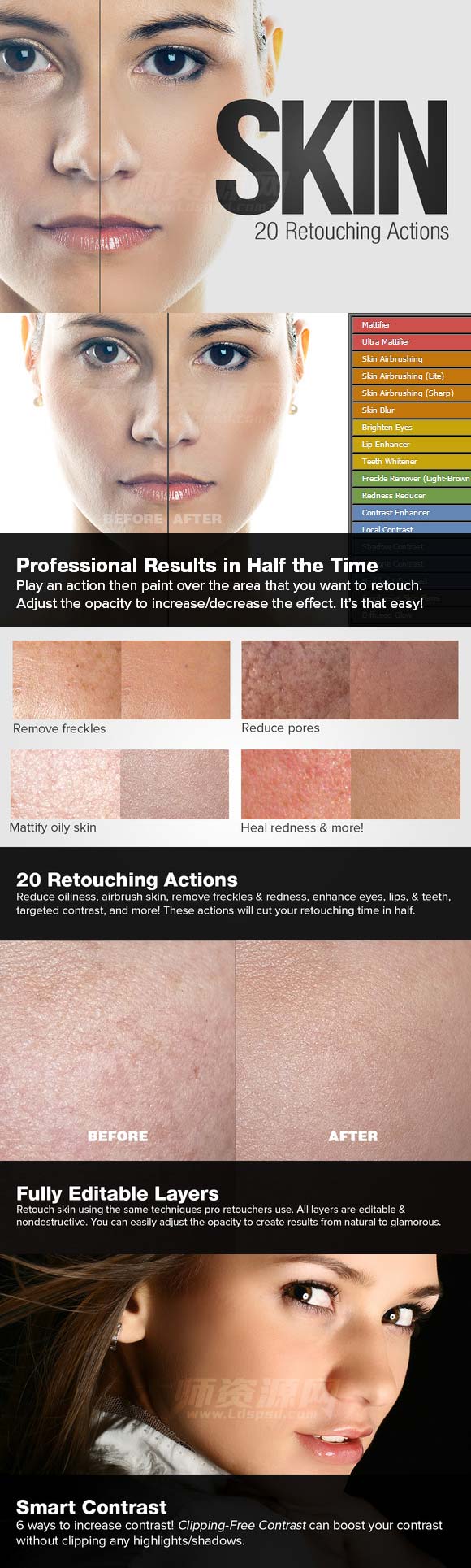 Skin - 20 Retouching Actions,20个磨皮润肤PS动作和扩展面板